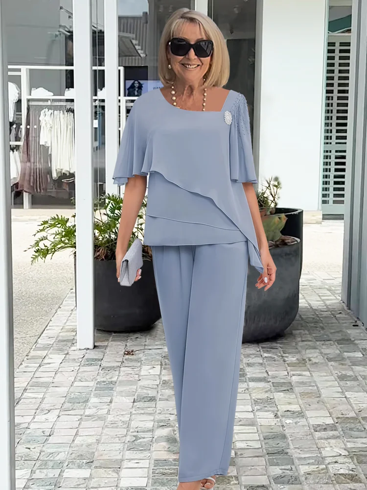 Women's Short Sleeve Draped Overlay Top and Straight Leg Pants Set