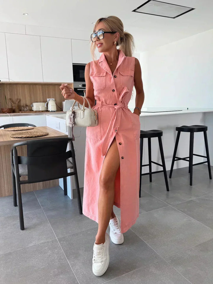 Claire | Maxi Shirt Dress with Belted Waist and Side Slit
