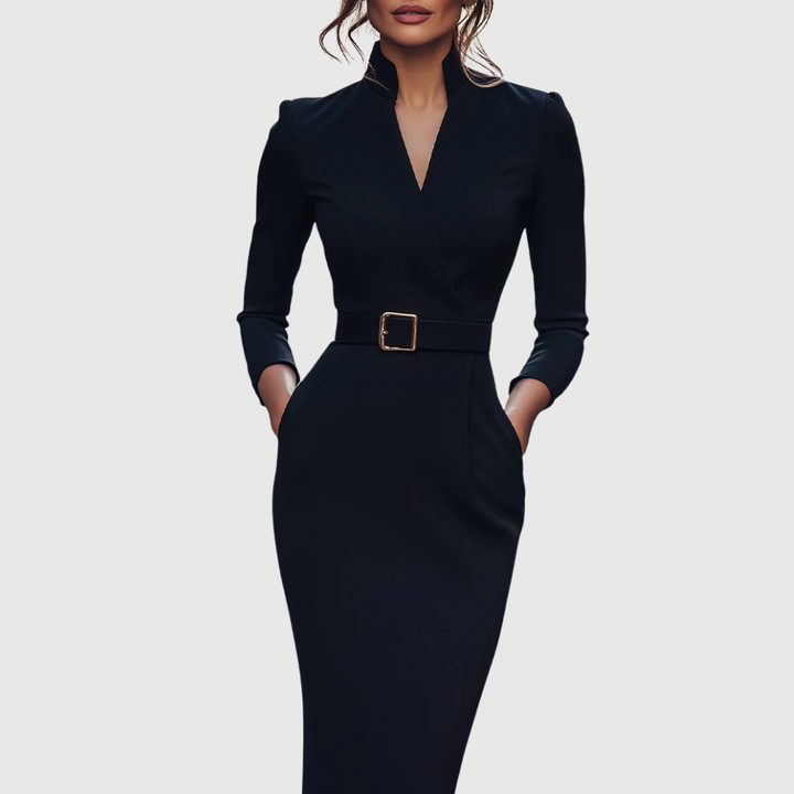 Women's Long Sleeve Belted Midi Dress with V-Neckline