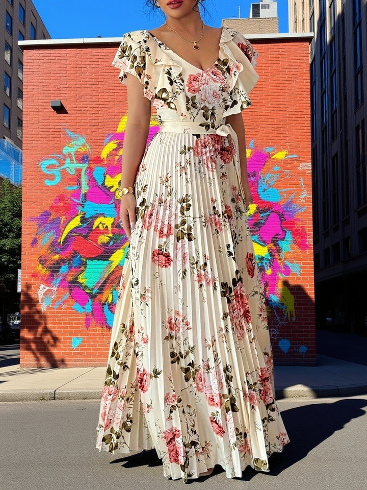 Flor | Maxi Wedding Guest Dress with Floral Print and Pleated Skirt