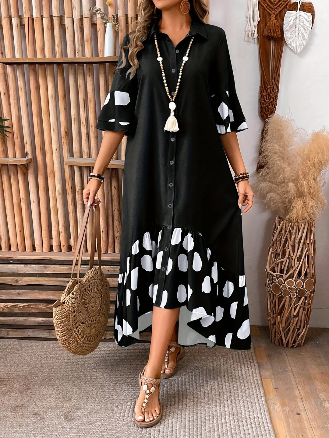 Amber | Midi Polka Dot Dress with Button Front and Ruffle Hem