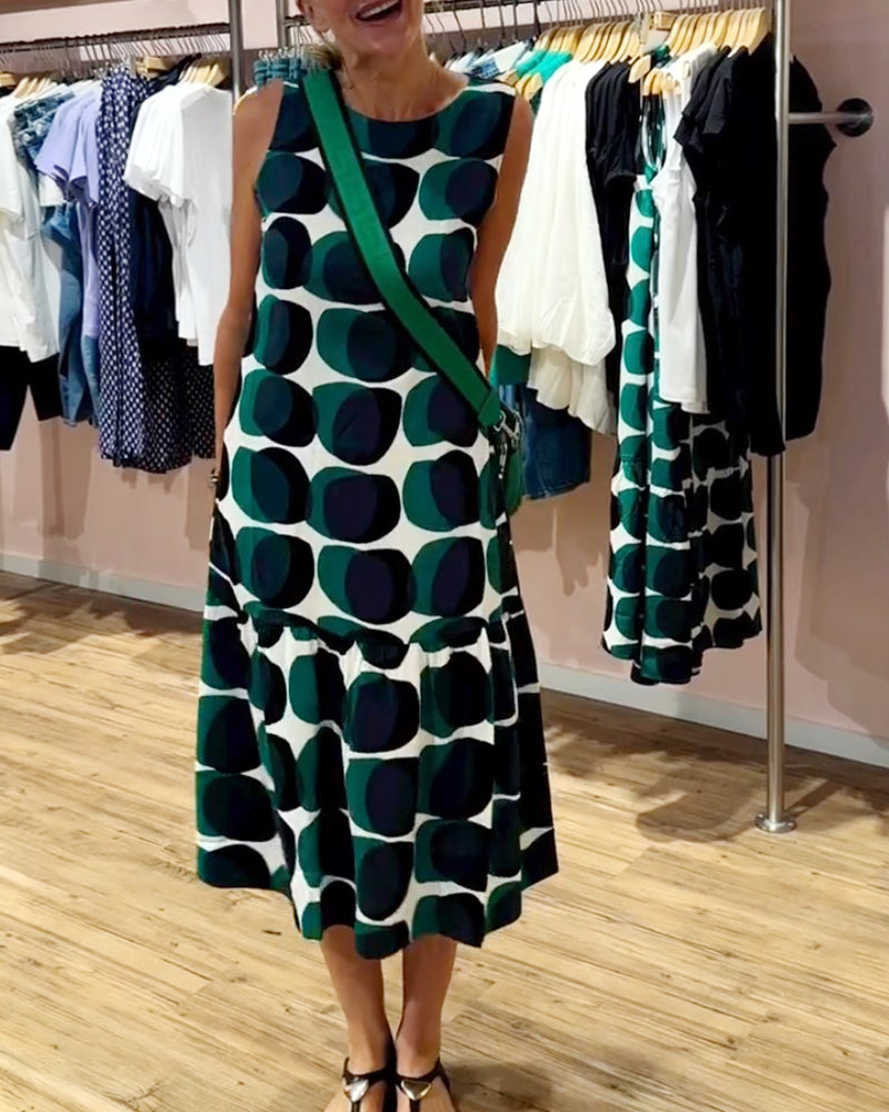 Sue | Midi Polka Dot Dress with Round Neck and Tiered Skirt