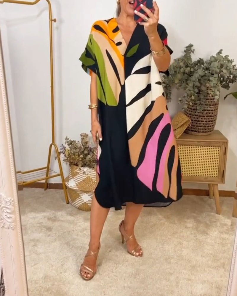 Lisa | Midi Summer Dress with Abstract Print and Batwing Sleeves