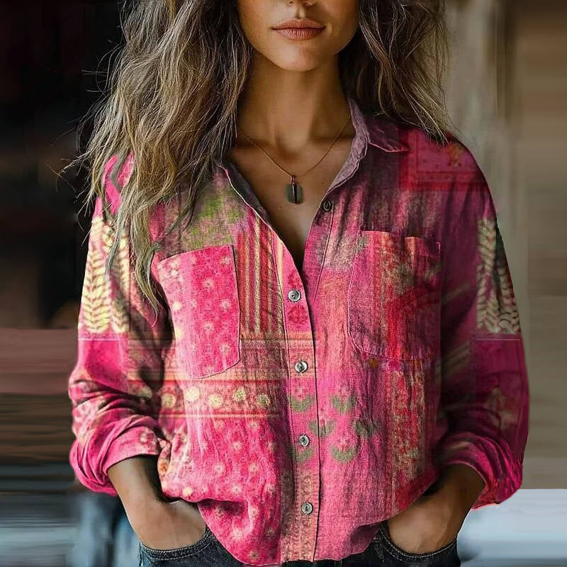 Women's Boho Print Shirt with Button Front and Long Sleeve