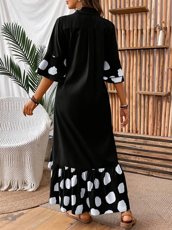 Amber | Midi Polka Dot Dress with Button Front and Ruffle Hem