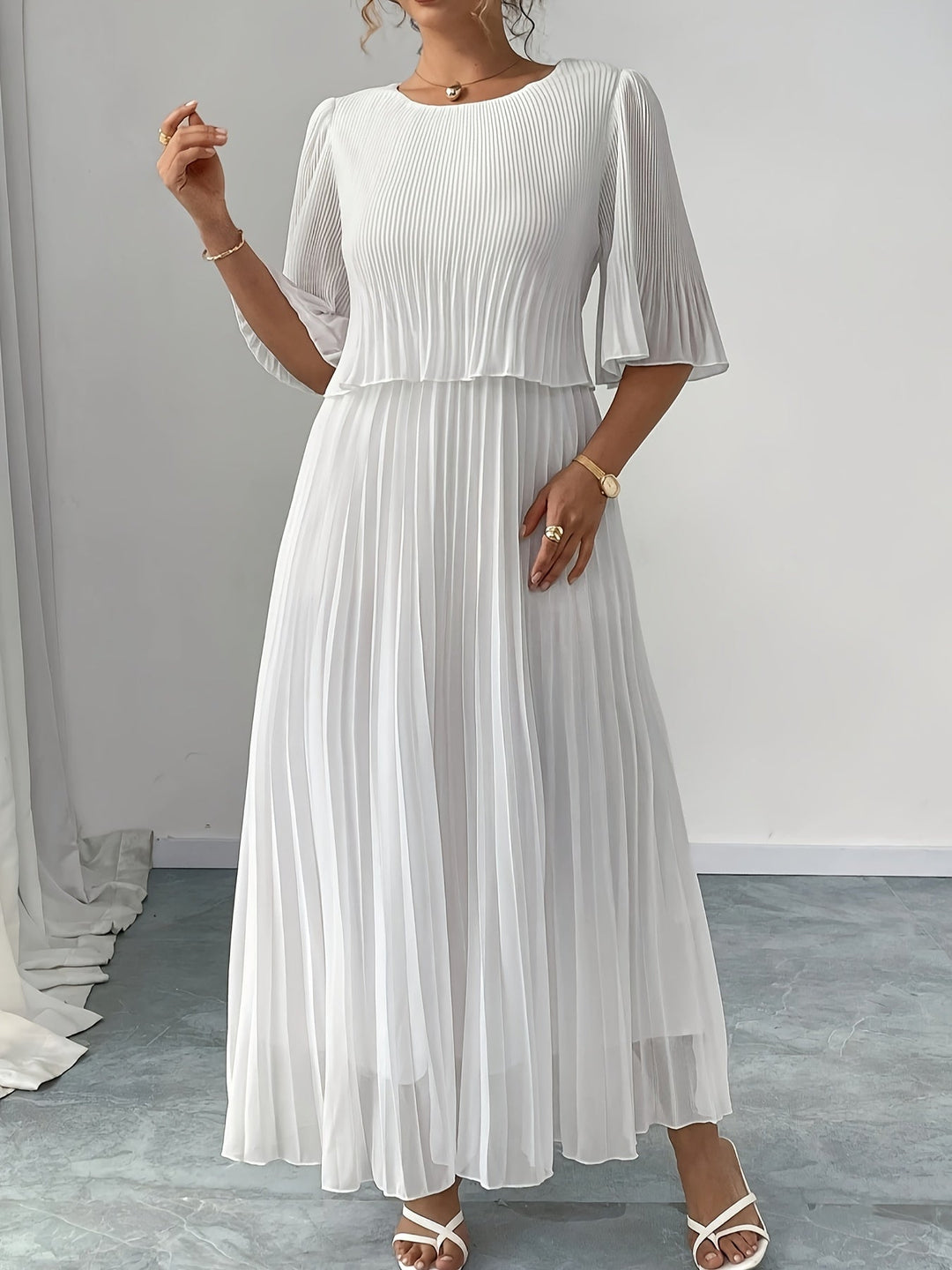 Claire | Maxi Wedding Guest Dress with Pleated Skirt and Round Neck