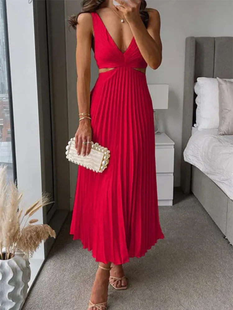 Caroline | Midi Wedding Guest Dress with V-Neck and Pleated Skirt