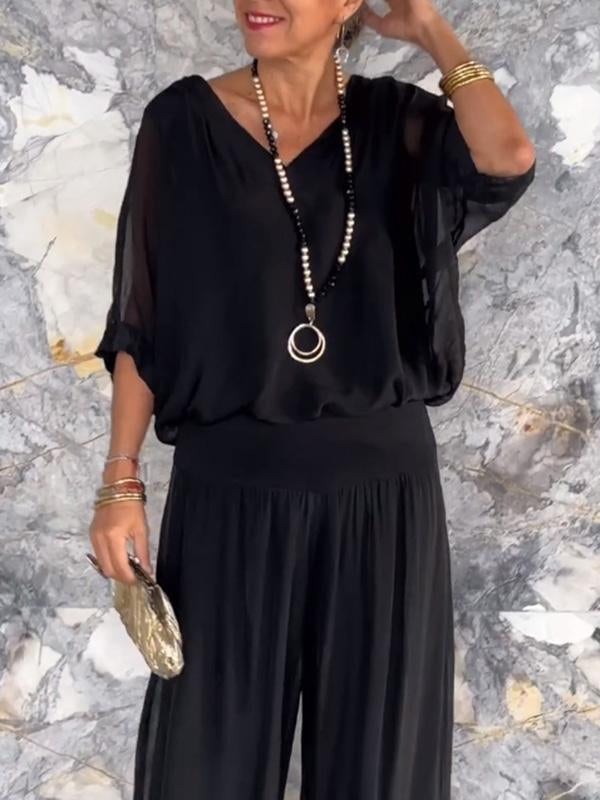 Edith | Two-Piece Set with V-Neck Top and Wide Leg Trousers