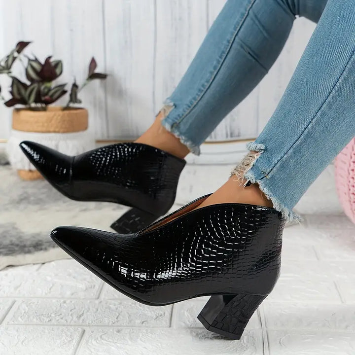 Women's Pointed Toe Ankle Boots with Textured Block Heel