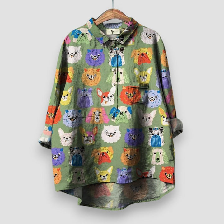 Women's Dog Print Shirt with Button Front and Shirt Collar