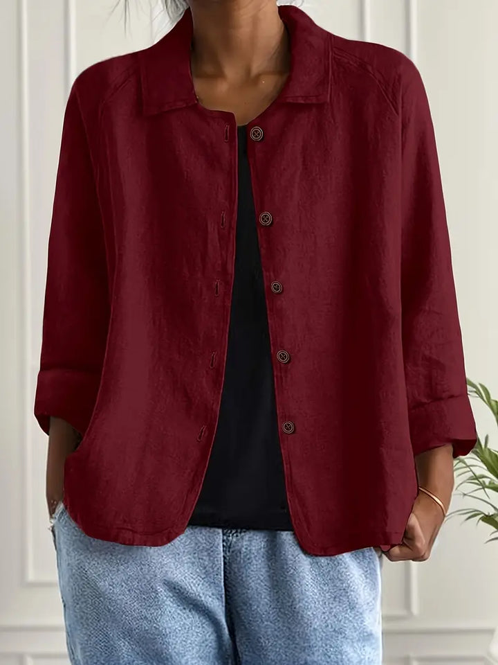 Women's Relaxed Linen Shirt with Open Collar and Button Front