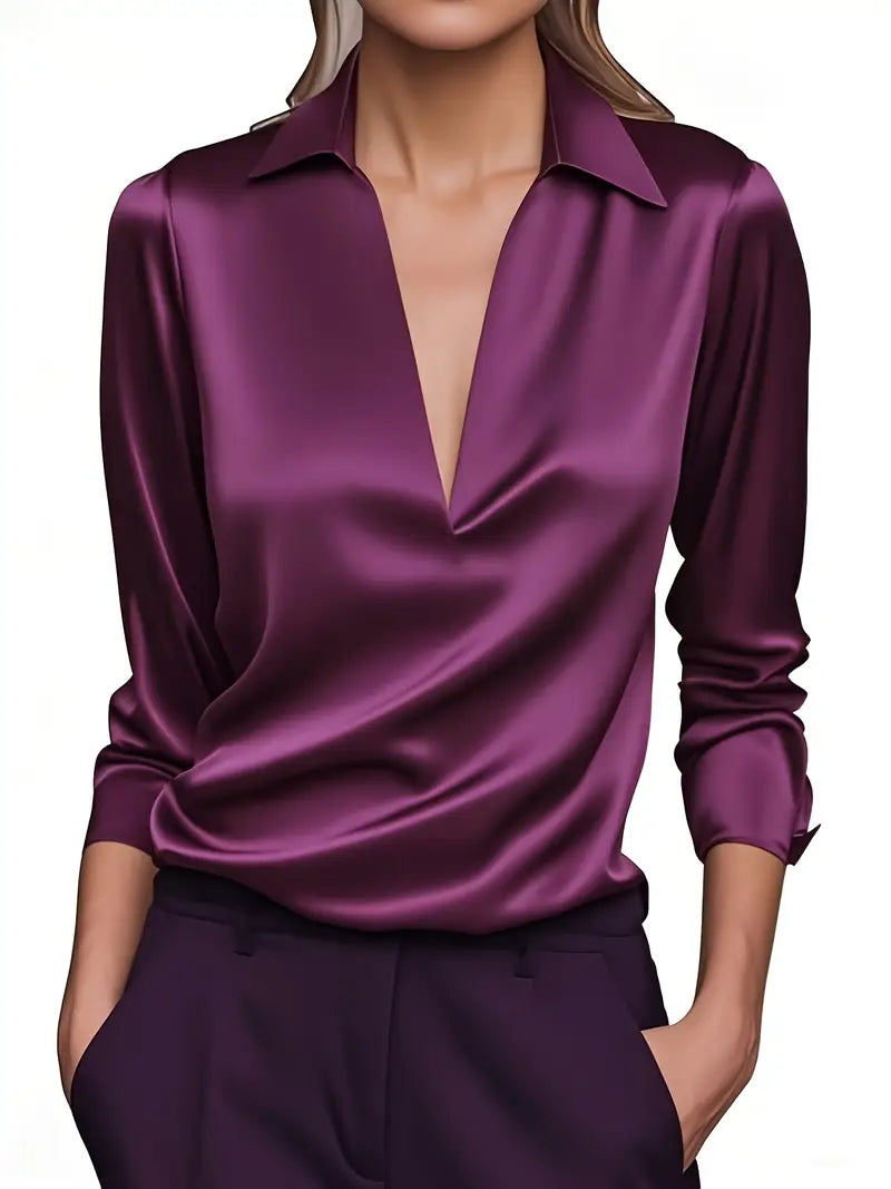 Women's Satin Blouse with V-Neck Collar and Long Sleeve