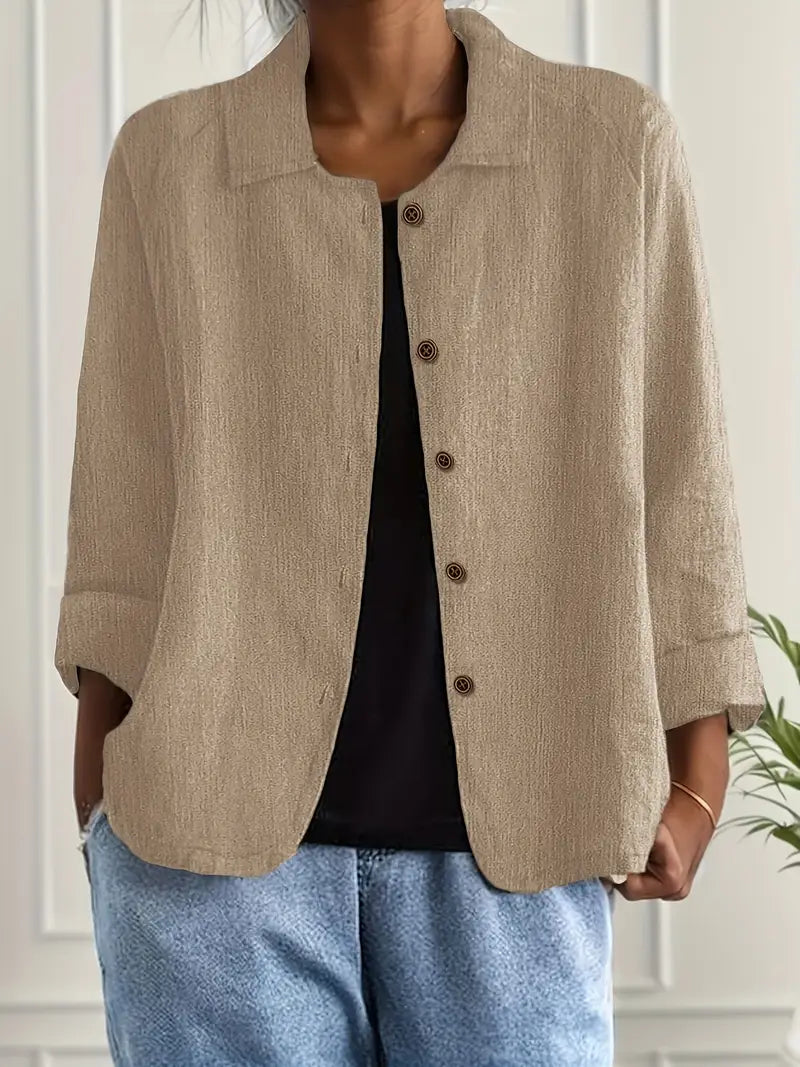 Women's Relaxed Linen Shirt with Open Collar and Button Front