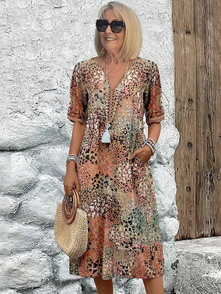 Women's V-Neck Midi Dress with Allover Print Short Sleeve
