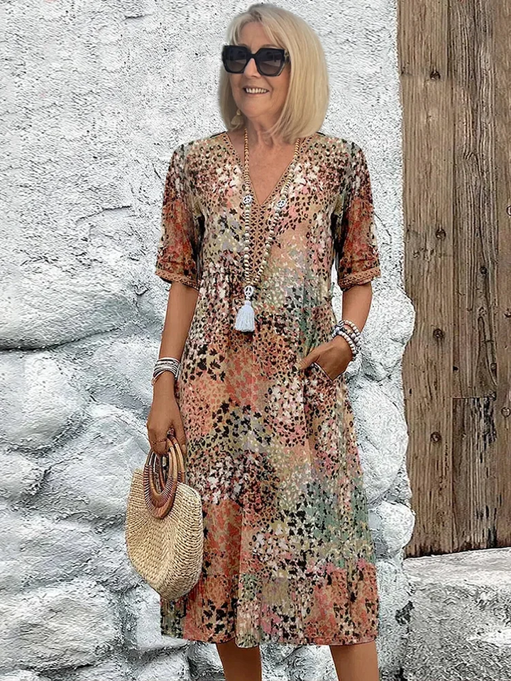 Women's V-Neck Midi Dress with Allover Print Short Sleeve