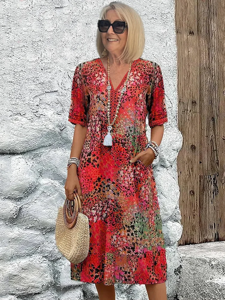Women's V-Neck Midi Dress with Allover Print Short Sleeve