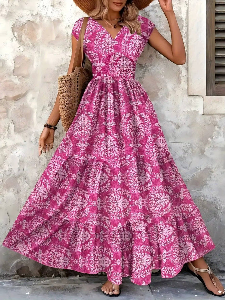 Emma | Midi Floral Print Dress with V-Neck and Sleeveless Bodice