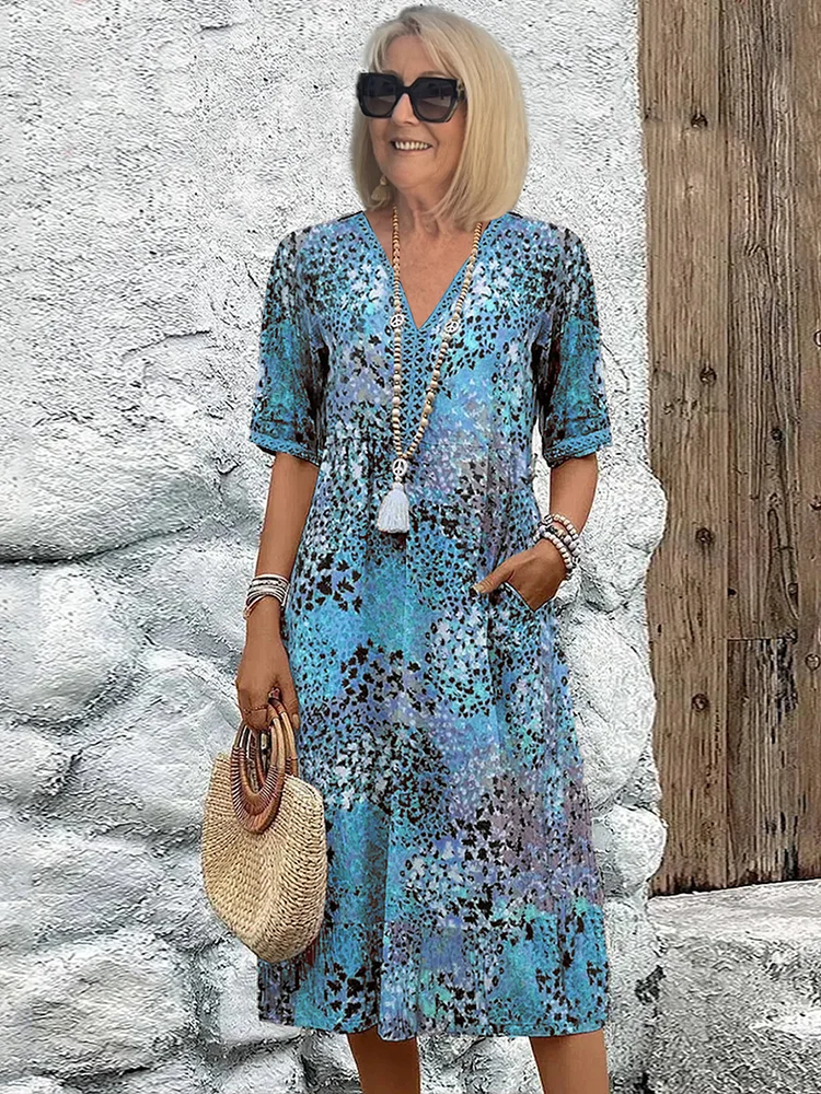 Women's V-Neck Midi Dress with Allover Print Short Sleeve