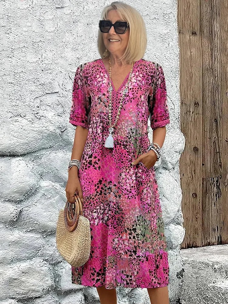 Women's V-Neck Midi Dress with Allover Print Short Sleeve
