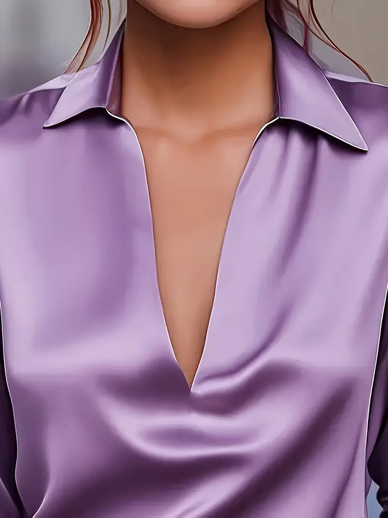 Women's Satin Blouse with V-Neck Collar and Long Sleeve