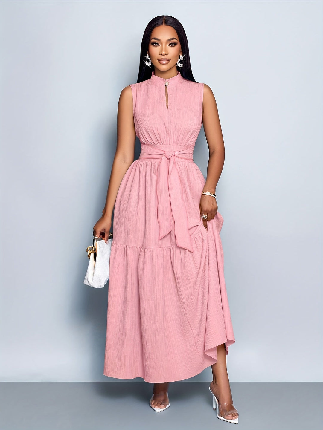 Tina | Maxi Summer Dress with Mock Neck and Belted Waist