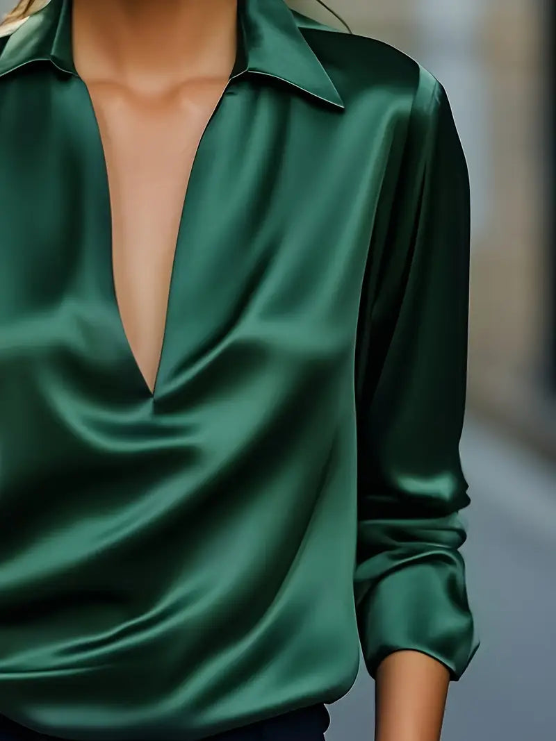 Women's Satin Blouse with V-Neck Collar and Long Sleeve