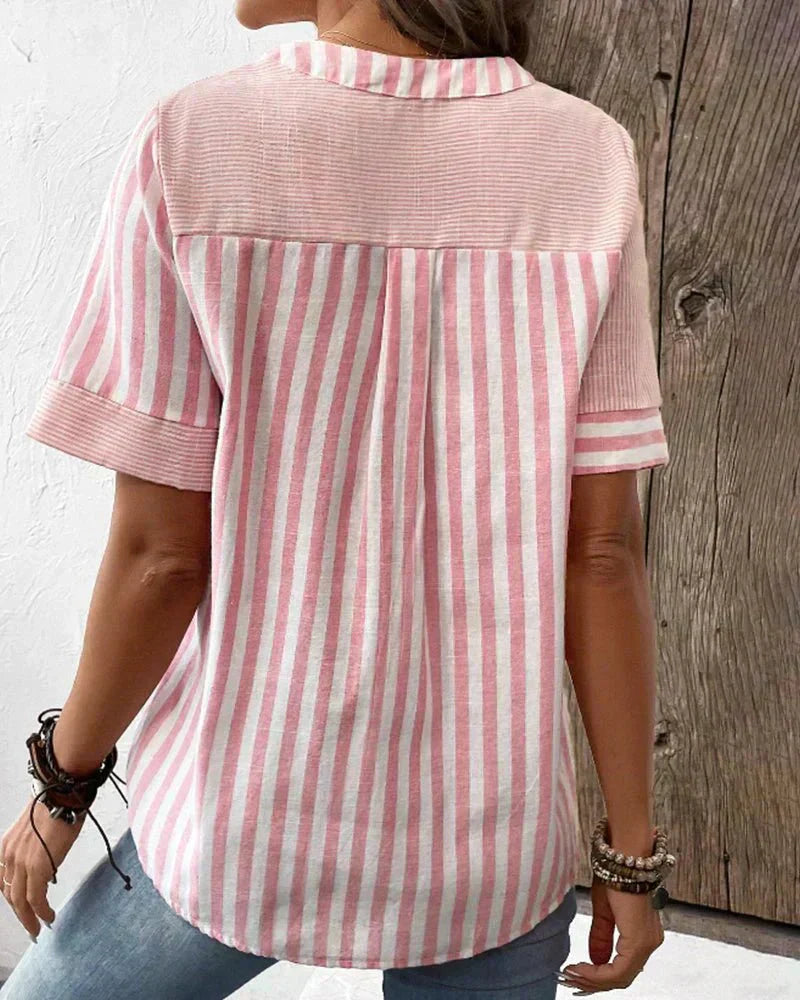 Nia | Striped Top with V Neckline and Button Detail