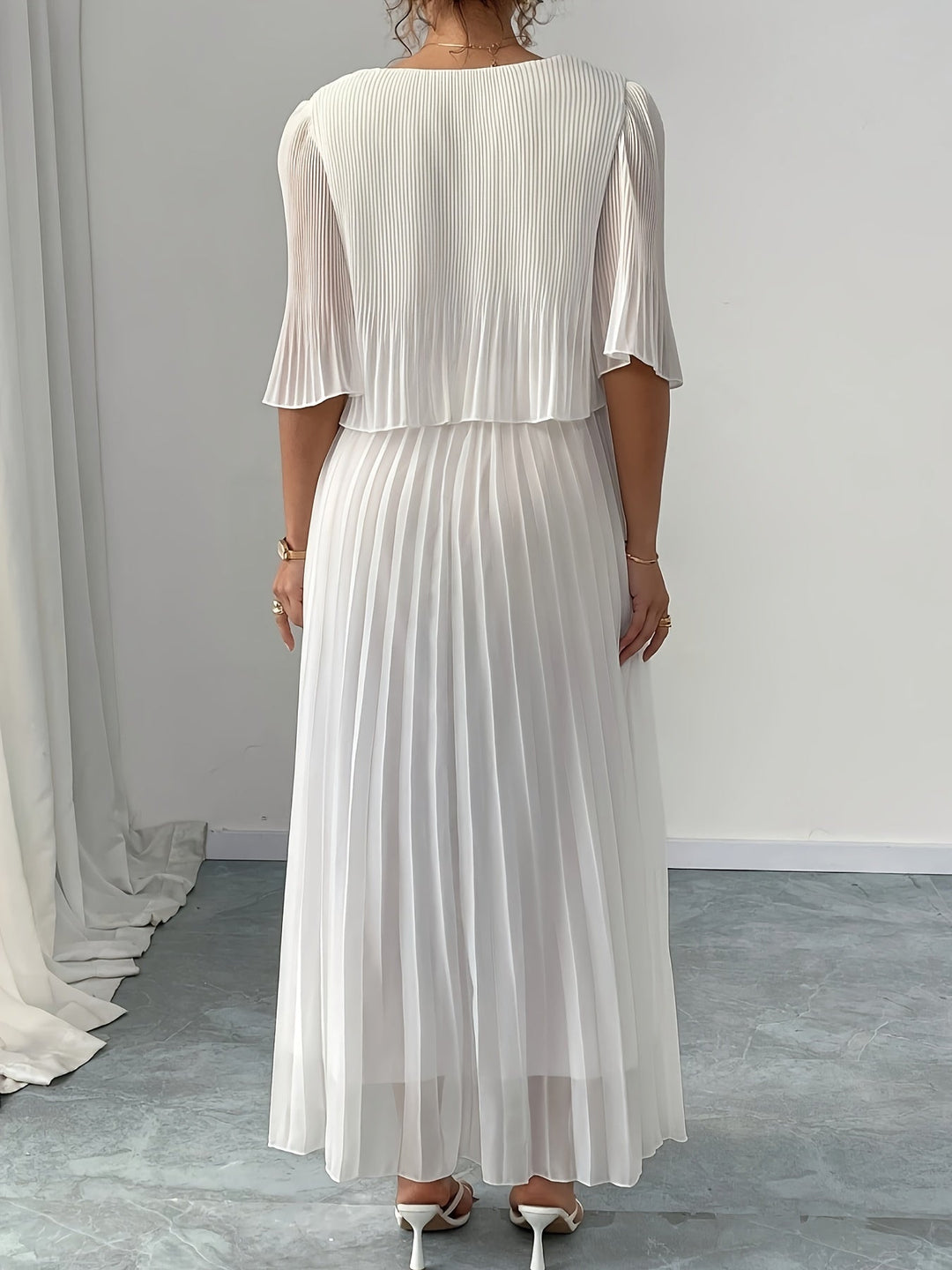Claire | Maxi Wedding Guest Dress with Pleated Skirt and Round Neck