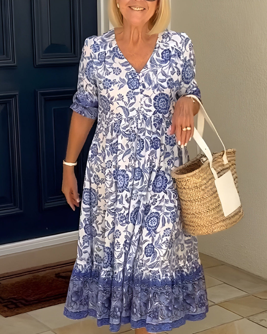 Women's Floral Maxi Dress with Button Front and 3/4 Sleeves