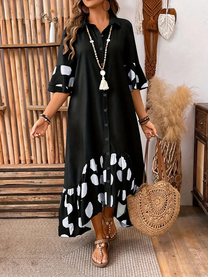 Amber | Midi Polka Dot Dress with Button Front and Ruffle Hem