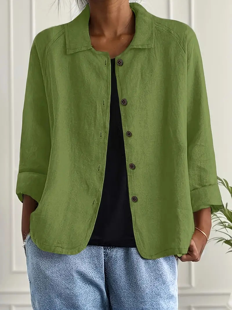 Women's Relaxed Linen Shirt with Open Collar and Button Front