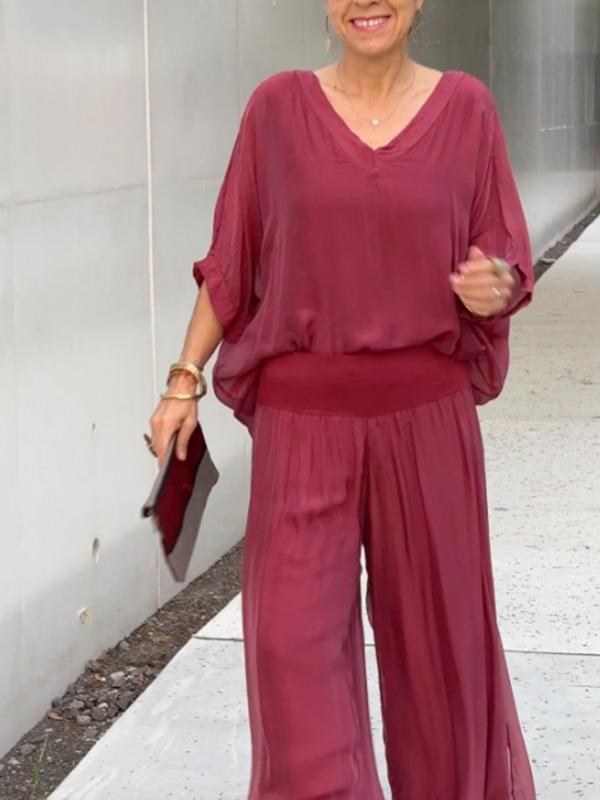Edith | Two-Piece Set with V-Neck Top and Wide Leg Trousers