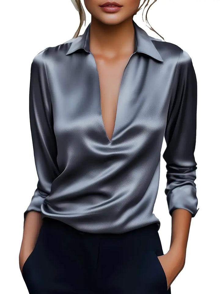 Women's Satin Blouse with V-Neck Collar and Long Sleeve