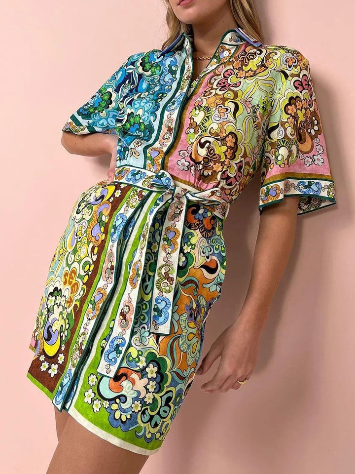 Kayla | Mini Shirt Dress with Boho Print and Belted Waist
