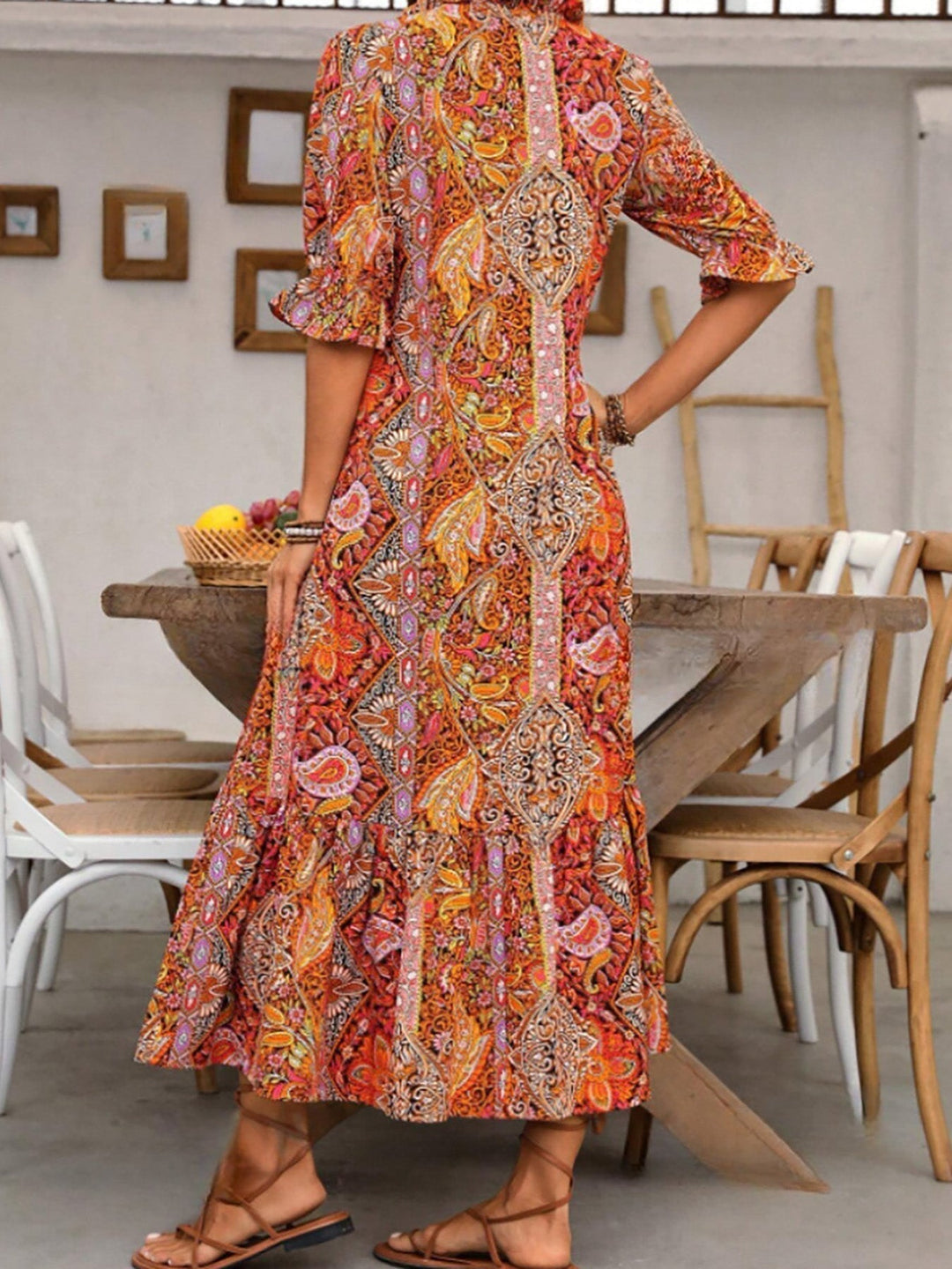 Gene | Midi Summer Dress with Boho Print and Tassel Tie