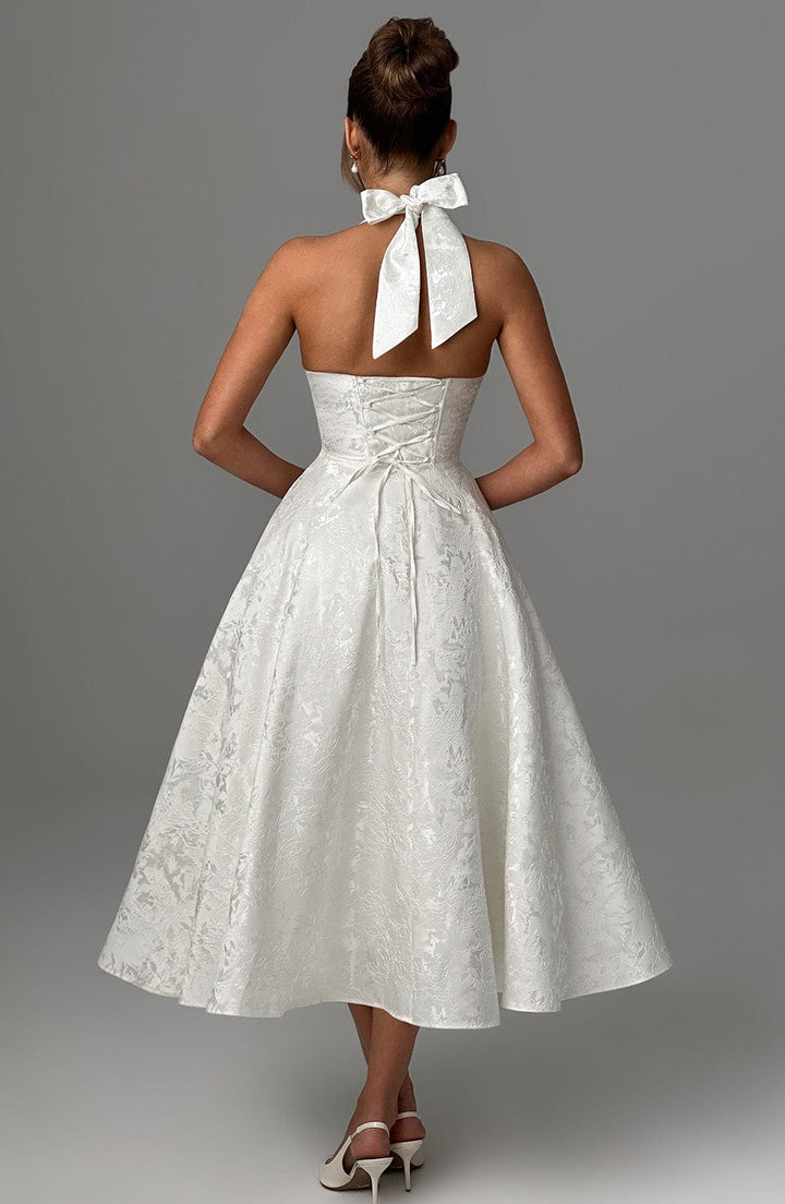 Women's Halter Neck Midi Cocktail Dress with Flared Skirt