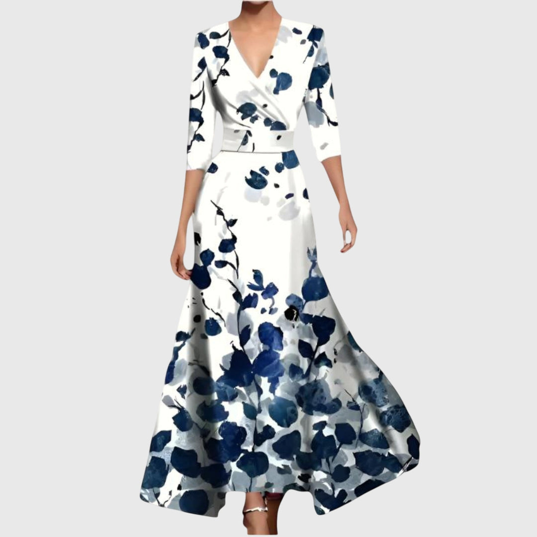 Women's Long Sleeve Maxi Dress with V Neck and Floral