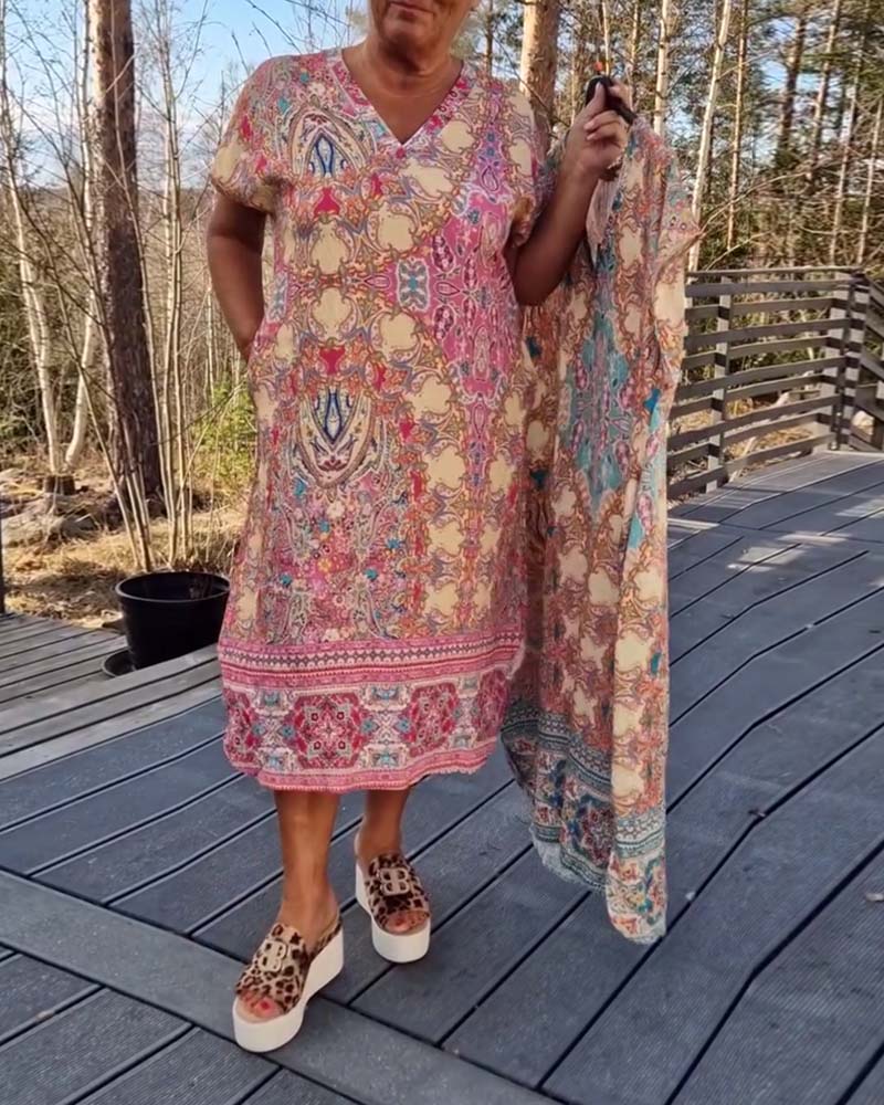 Darcie | Midi Summer Dress with Boho Print and V-Neck