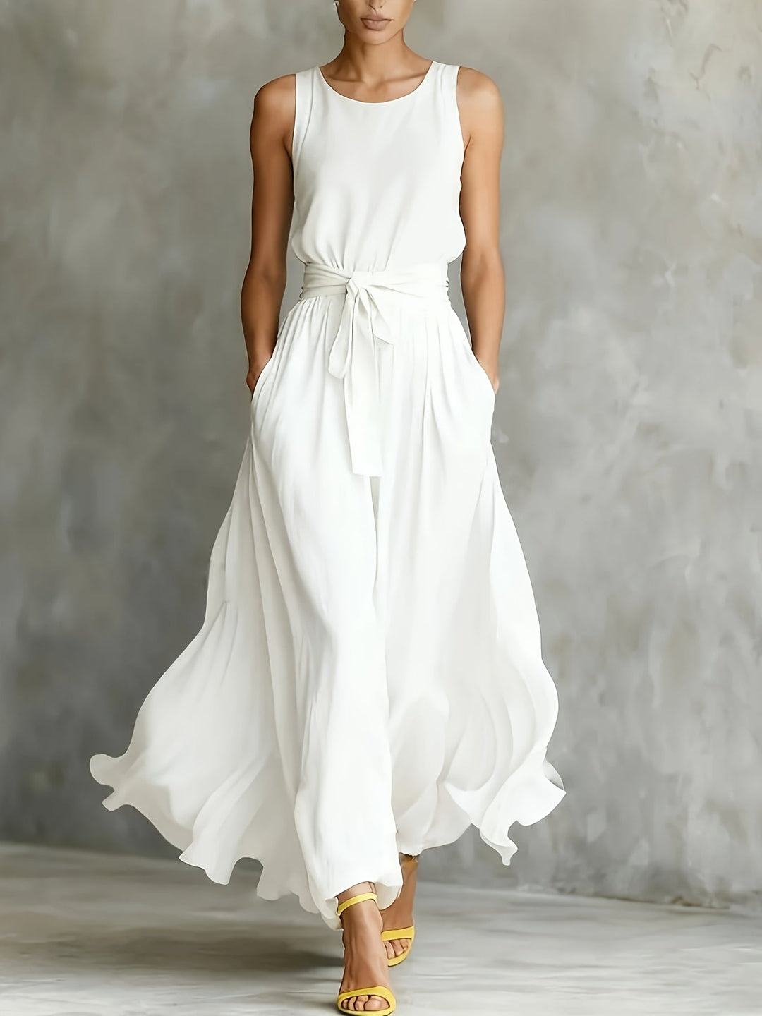 Xena | Maxi Wedding Guest Dress with Round Neck and Tie Waist
