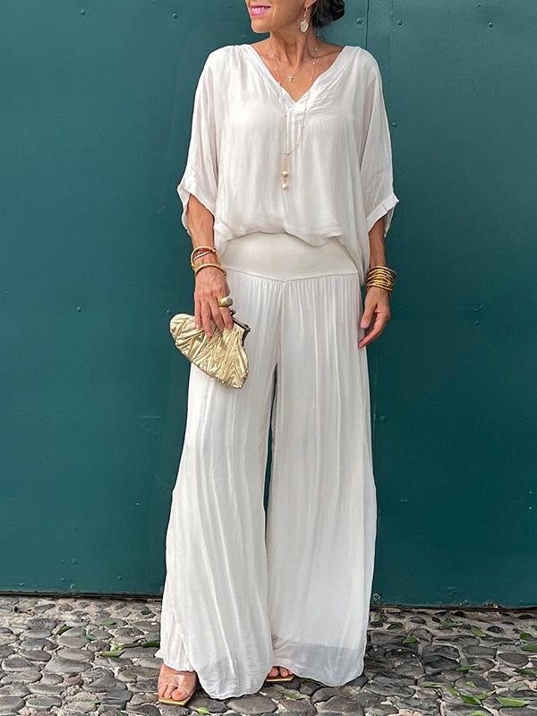 Edith | Two-Piece Set with V-Neck Top and Wide Leg Trousers