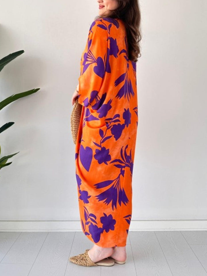 Beth | Maxi Holiday Dress with Floral Print and Batwing Sleeves