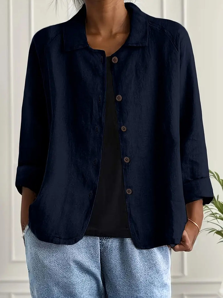 Women's Relaxed Linen Shirt with Open Collar and Button Front