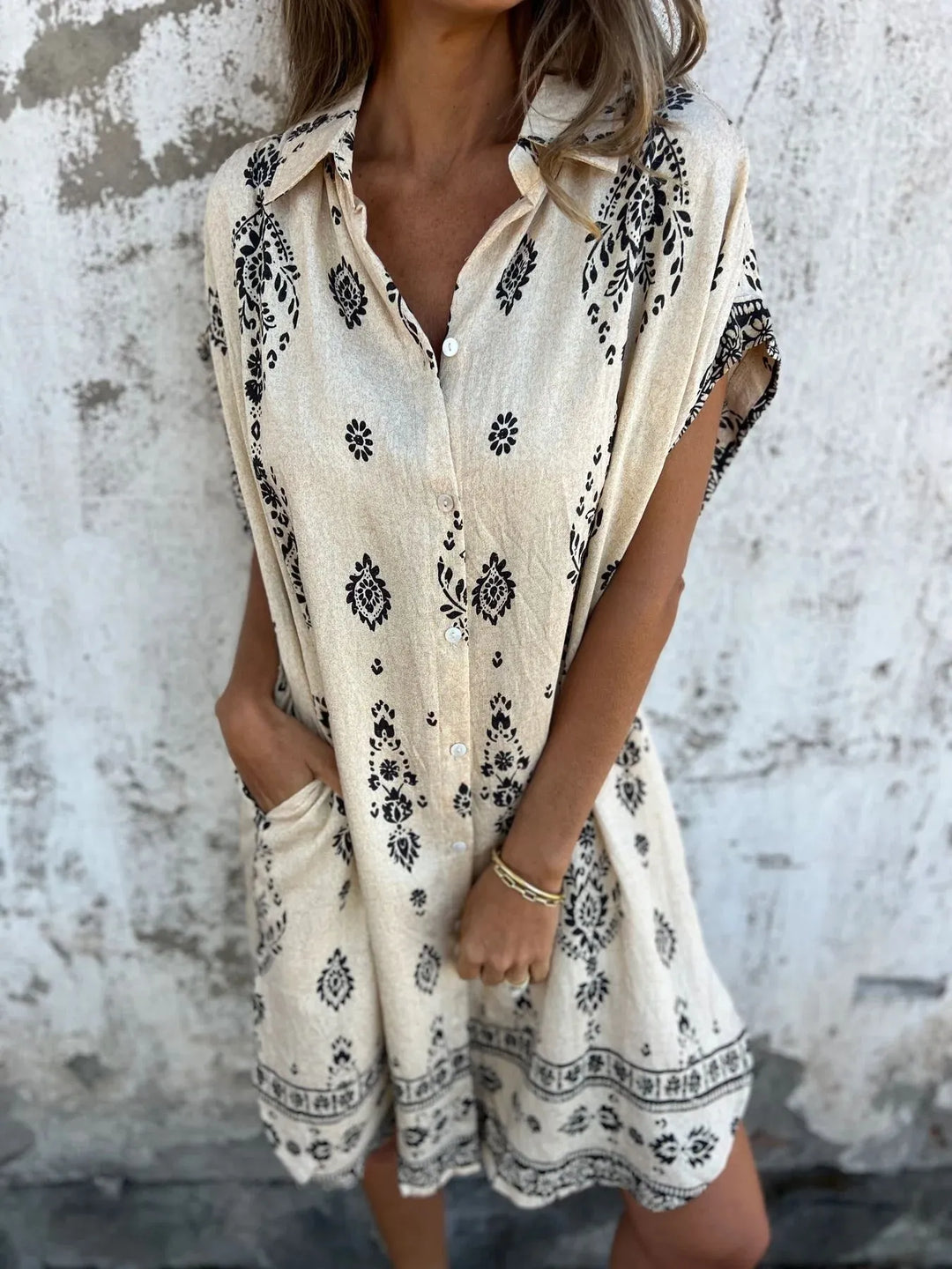 Emily | Mini Shirt Dress with Boho Print and V-Neck