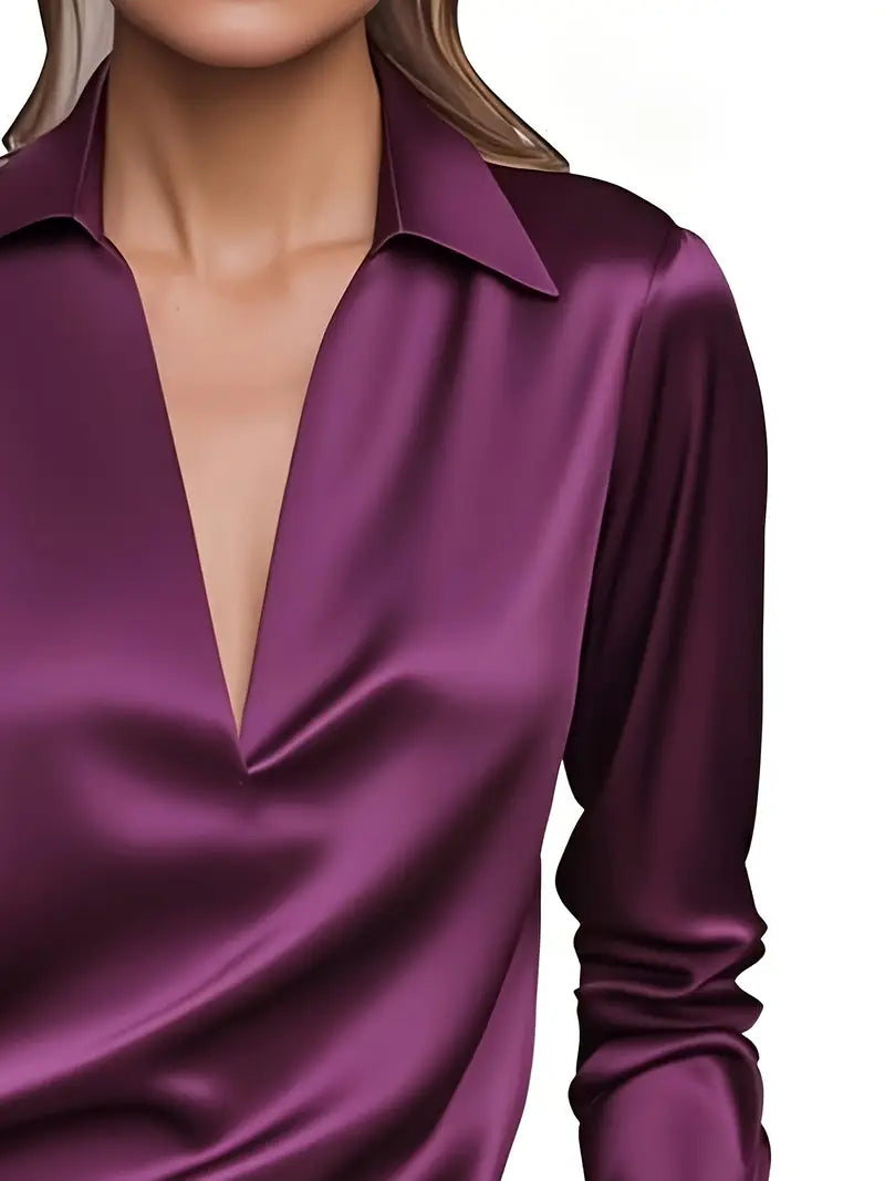 Women's Satin Blouse with V-Neck Collar and Long Sleeve