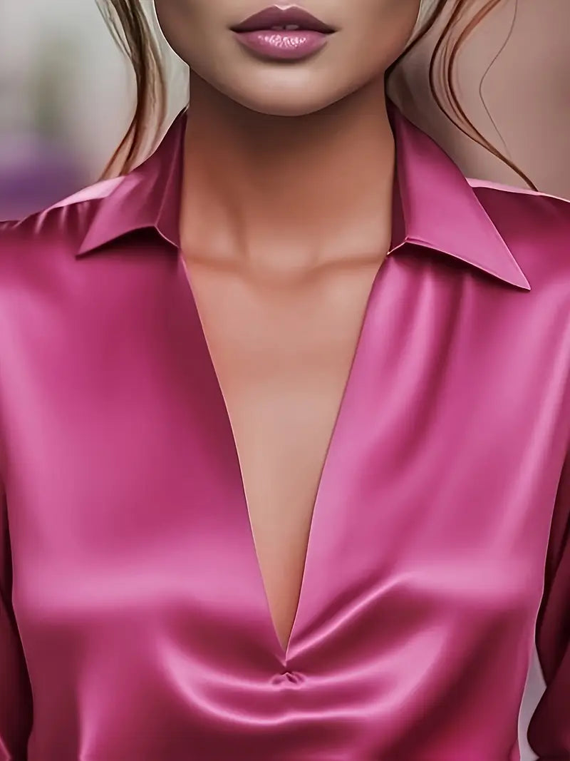 Women's Satin Blouse with V-Neck Collar and Long Sleeve