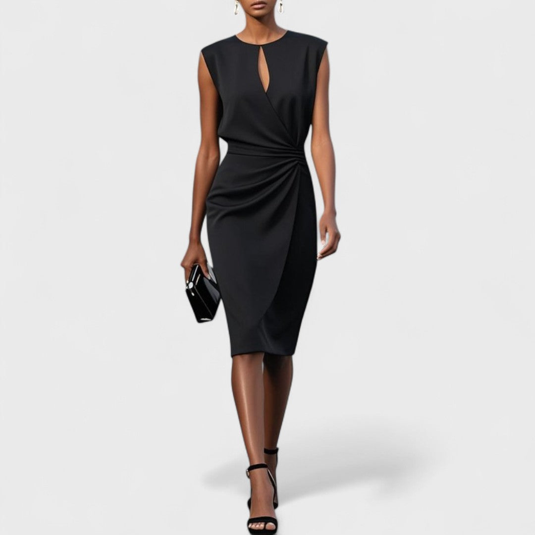 Kathy | Midi Cocktail Dress with Keyhole Neck and Ruched Bodice