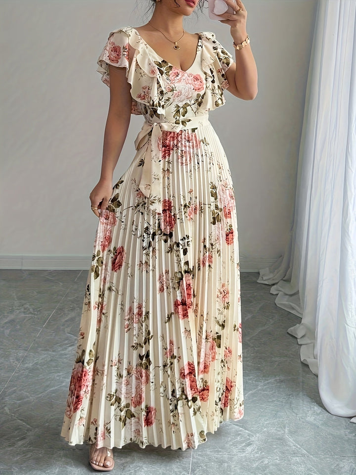 Flor | Maxi Wedding Guest Dress with Floral Print and Pleated Skirt