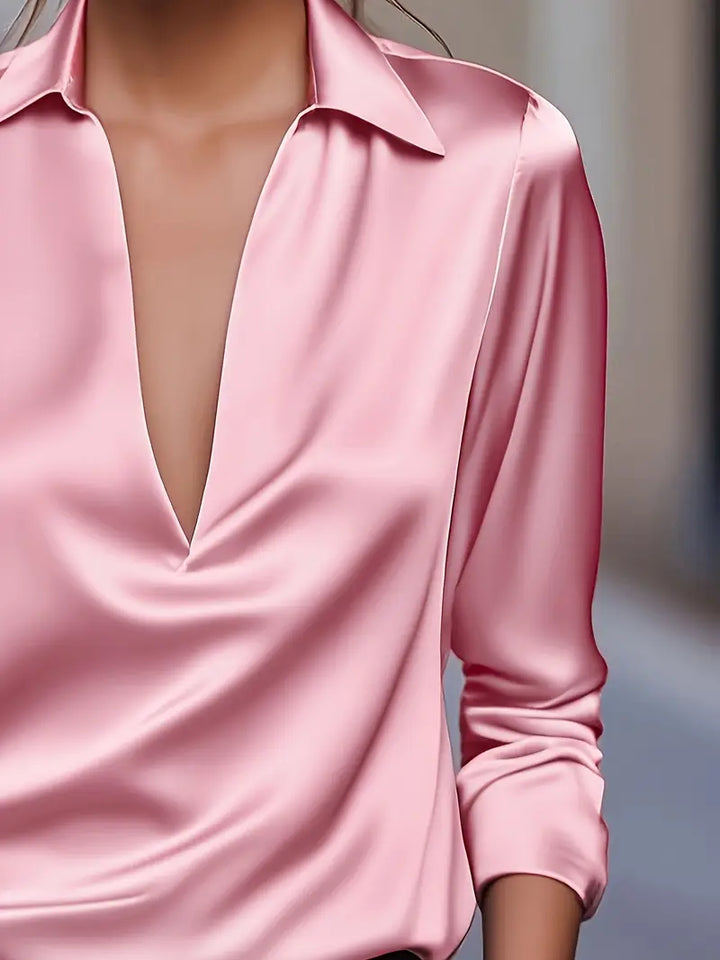 Women's Satin Blouse with V-Neck Collar and Long Sleeve
