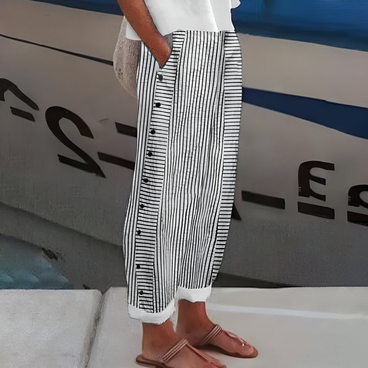 Lila | Wide Leg Trousers with Striped Print and Button Detail