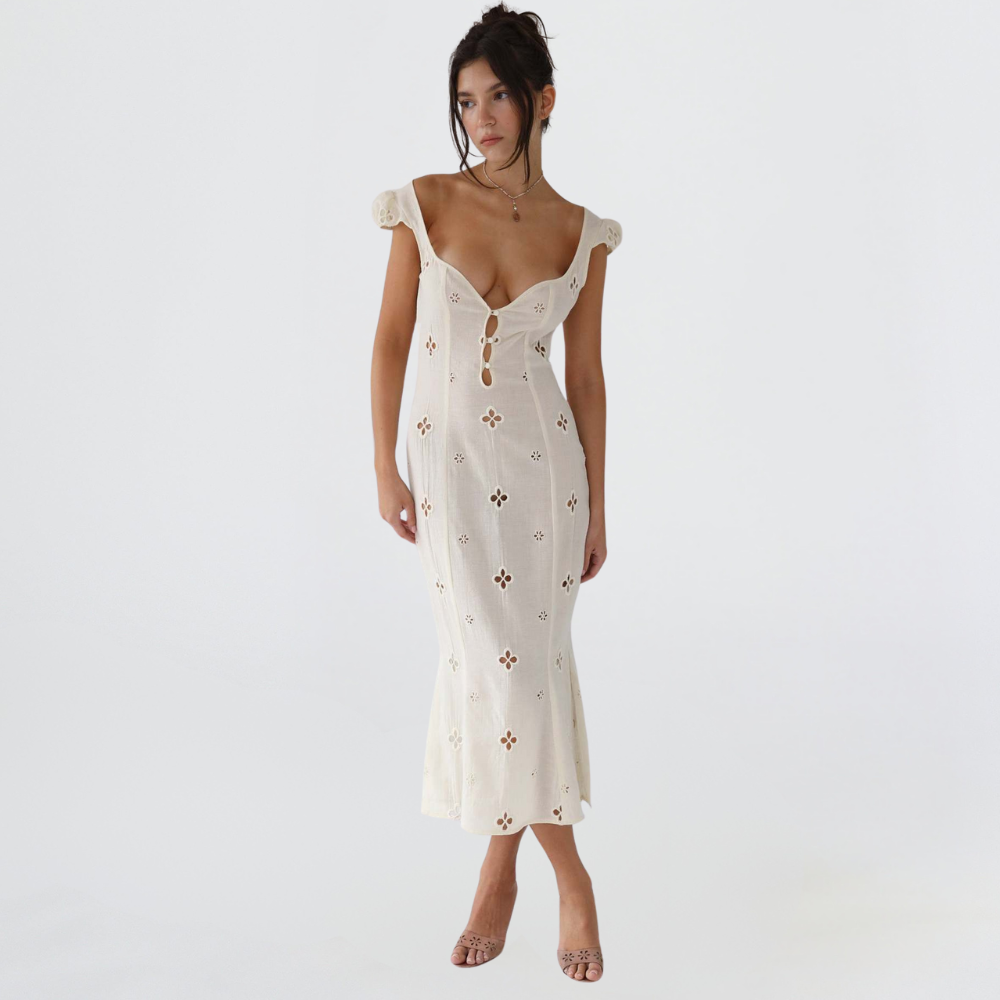 Women's Cream Midi Dress with Button Front and Cut Out